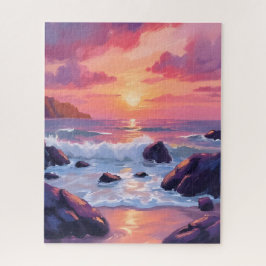 Pink Coral Sunset | Ocean Waves Watercolor Puzzle