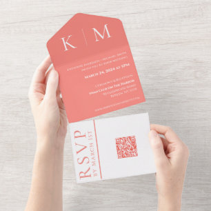 Pink Coral und Weiß-Monogramm-Moderne-Hochzeit- All In One Einladung