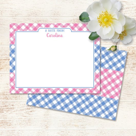 Pink & Cornflower Blue Preppy Gingham Stationery Mitteilungskarte