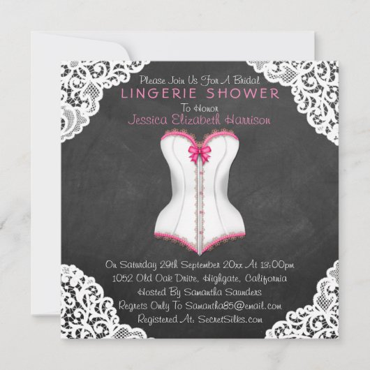 Pink Corset White Lace Chalkboard Fingerie Dusche Einladung (Vorderseite)