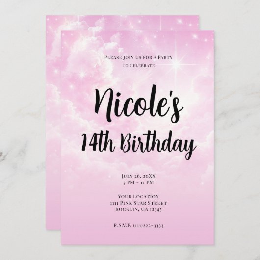 Pink Cotton Candy Clouds Starry Sky Birthday Party Einladung (Vorne/Hinten)