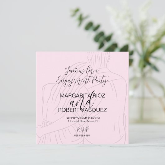 Pink Couple Hugging Script Engagement Party Save The Date (Stehend Vorderseite)
