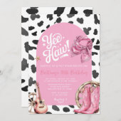 Pink Cow Pattern Western Rustikale Cowgirl Geburts Einladung (Vorne/Hinten)