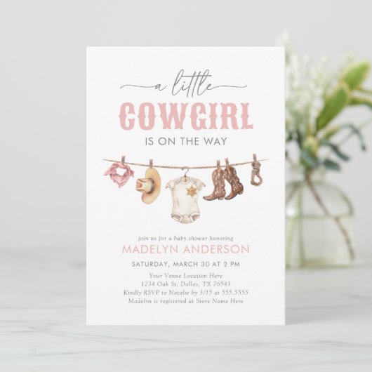 Pink Cowgirl Babydusche Einladung (Stehend Vorderseite)