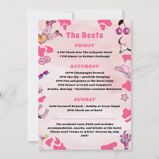 Pink Cowgirl Bachelorette West Rodeo Weekend Einladung (Rückseite)