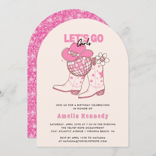 Pink Cowgirl Birthday Party Lasse Go Girls Retro Einladung (Vorne/Hinten)