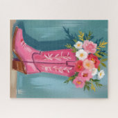 Pink Cowgirl Boot Flower Bouquet Watercolor Puzzle (Horizontal)