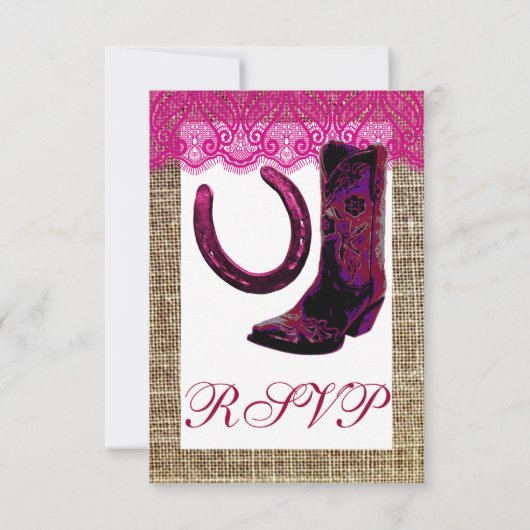 Pink Cowgirl Boots Horseshoe Burlap Lace UAWG RSVP Karte (Rückseite)