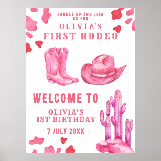 Pink Cowgirl First Birthday Party Poster (Vorne)