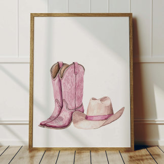 Pink Cowgirl Hat Boots Poster Kids Room Decor