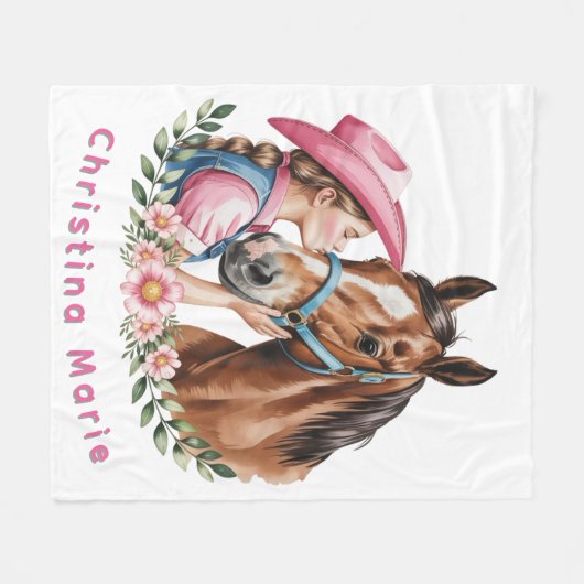 Pink Cowgirl Kissing a Horse Birthday Party  Fleecedecke (Vorderseite (Horizontal))
