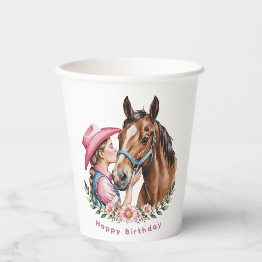 Pink Cowgirl Kissing a Horse Birthday Party Pappbecher (Vorderseite)