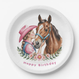 Pink Cowgirl Kissing a Horse Birthday Party Pappteller