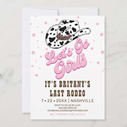 Pink Cowgirl Nashville Let's Go Girls Bachelorette Einladung (Vorderseite)