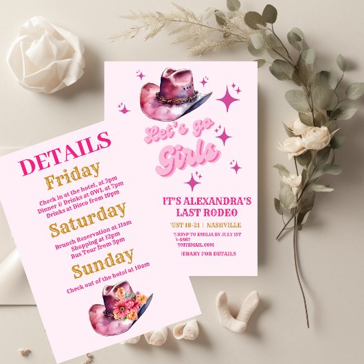 Pink Cowgirl Nashville Let's Go Girls Bachelorette Einladung