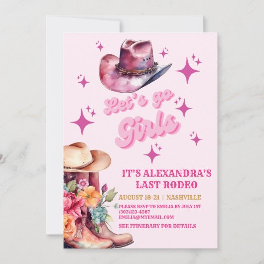 Pink Cowgirl Nashville Let's Go Girls Bachelorette Einladung (Vorderseite)