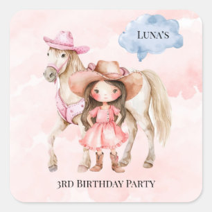 Pink-Cowgirl-Pferd 00. Geburtstagsfeier Quadratischer Aufkleber