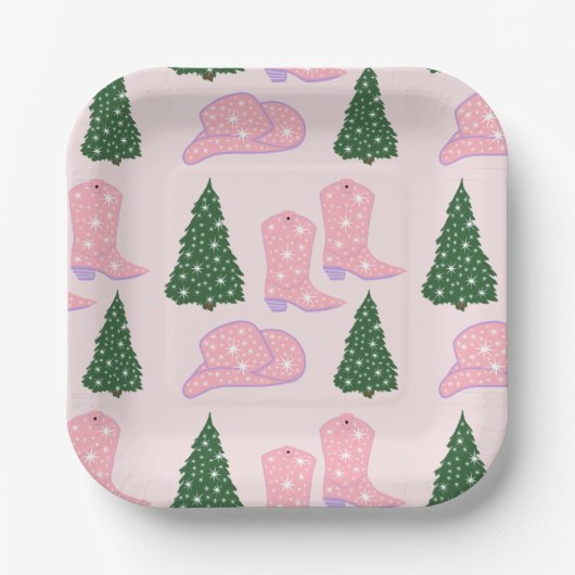 Pink Cowgirl Rodeo Hat Christmas Tree Square Pappteller (Vorderseite)
