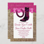 Pink Cowgirl Stiefel Horseshoe Burlap Hochzeit Einladung (Vorne/Hinten)