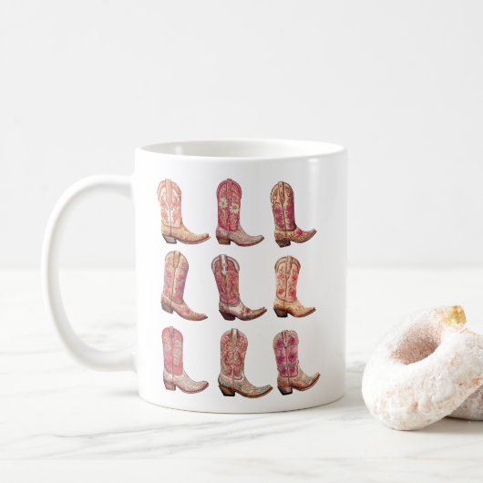 Pink Cowgirl Stiefel, Western Blumenwelt Kaffeetasse (Mit Donut)
