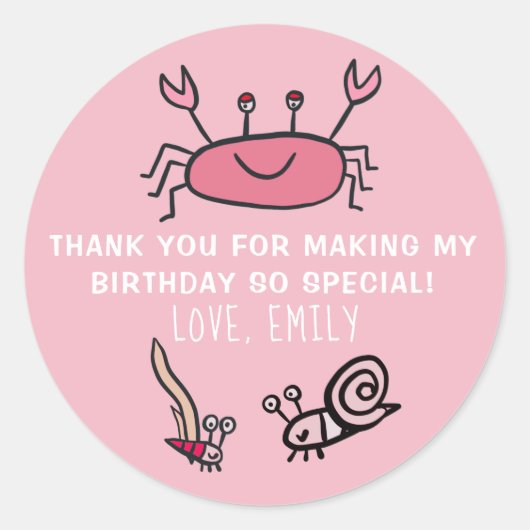Pink Crab Sea Animal Girl Birthday Favor Sticker (Vorderseite)