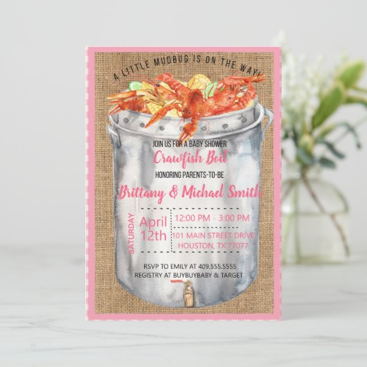Pink Crawfish Couples Kinderdusche Einladung (Stehend Vorderseite)