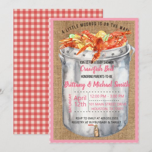 Pink Crawfish Couples Kinderdusche Einladung (Vorne/Hinten)