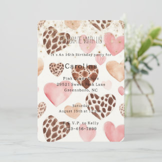 Pink Cream Animal Hearts Gold Sparkle Birthday Einladung