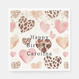 Pink Cream Animal Hearts Gold Sparkle Birthday Serviette