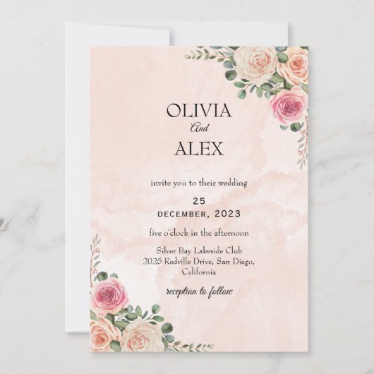 Pink Cream Floral Elegant Wedding Invitation Einladung (Vorderseite)