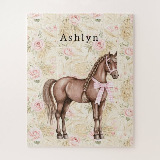 Pink Cream Floral Horse Puzzle (Vertikal)