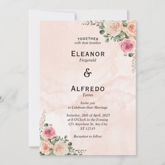 Pink Cream Floral Vintage Wedding Invitation Einladung (Vorderseite)