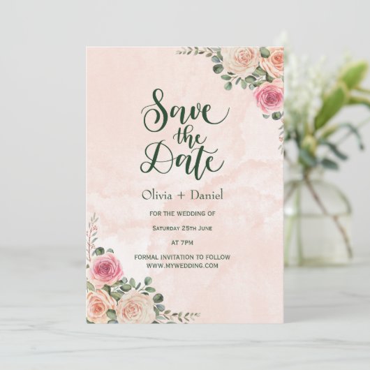 Pink Cream Floral Wedding Save the Date Cards Einladung (Stehend Vorderseite)