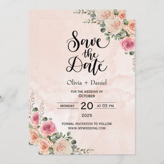 Pink Cream Floral Wedding Save the Date Cards Einladung (Vorne/Hinten)