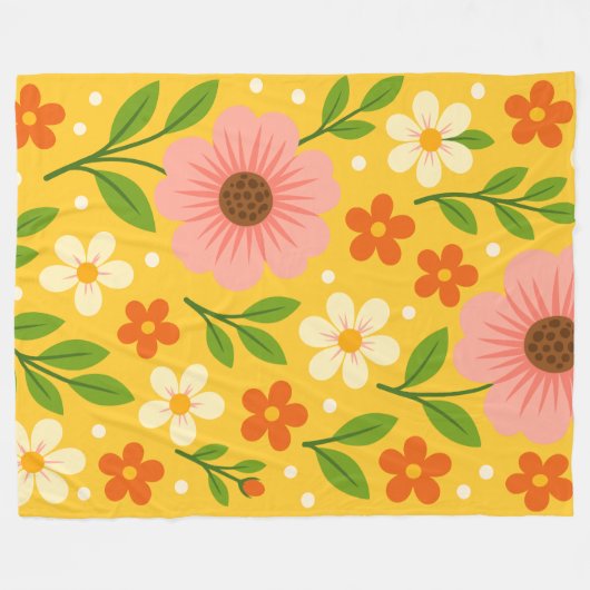 Pink, cream & Orange Flowers with Green Leaves Fleecedecke (Vorderseite (Horizontal))