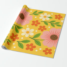 Pink, cream & Orange Flowers with Green Leaves Geschenkpapier