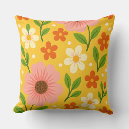 Pink, cream & Orange Flowers with Green Leaves Kissen