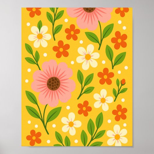Pink, cream & Orange Flowers with Green Leaves Poster (Vorne)