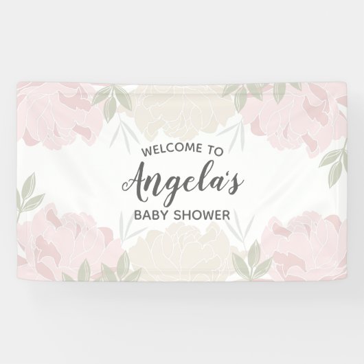 Pink & Cream Peonies Baby Dusche Party Banner (Horizontal)