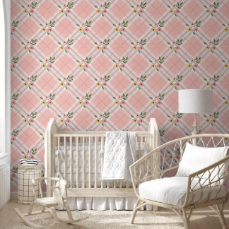 Pink Cream Plaid Floral Wallpaper Tapete