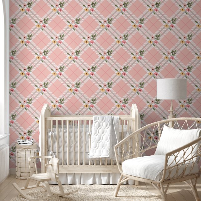 Pink Cream Plaid Floral Wallpaper Tapete (Kinder)