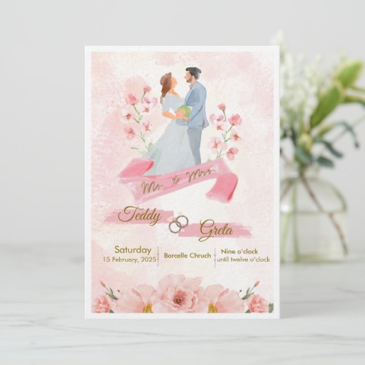 Pink Cream Watercolor Wedding Invitation Einladung (Stehend Vorderseite)