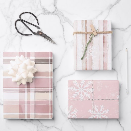 Pink Creme Kariert Stripes Schneeflocken Weihnacht Geschenkpapier Set (Vorderseite)