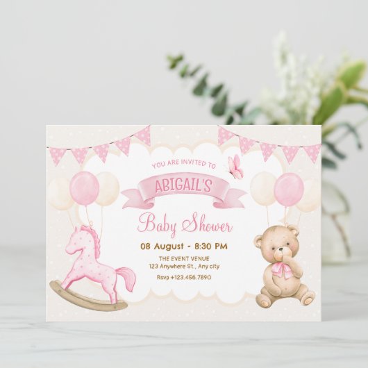 Pink Creme Pastell Babydusche Einladung (Stehend Vorderseite)