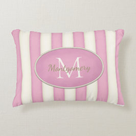 Pink & Creme Streifen Oval Gerahmte Monogramm Dekokissen