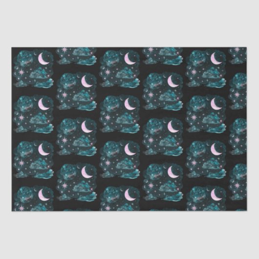 Pink Crescent Moon Stars Celestial Black Halloween Seidenpapier (Vorderseite)
