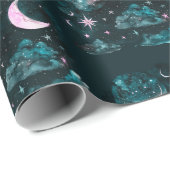Pink Crescent Moon Stars Celestial Blue Halloween Geschenkpapier (Rolleneckpunkt)