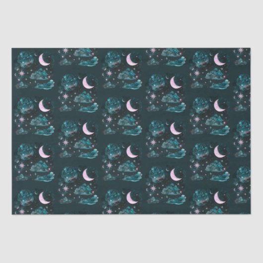 Pink Crescent Moon Stars Celestial Blue Halloween Seidenpapier (Vorderseite)