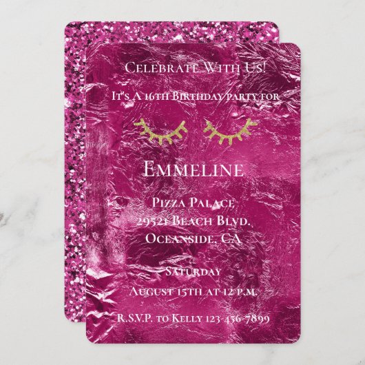 Pink Crinkle Glitzy Gold Glitzer Eyelashes Einladung (Vorne/Hinten)
