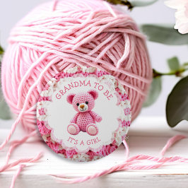 Pink Crocheted Teddy Bear | Grandma to Be Button
